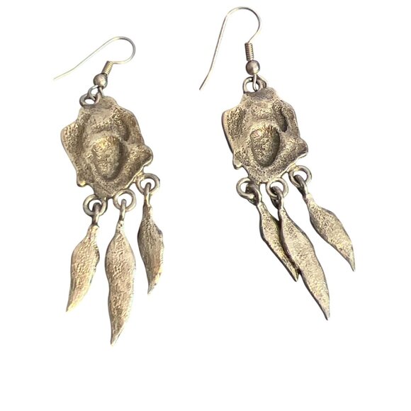 Vintage Silver Tone Dangle Earrings Cream Enamel Feather Dangles Estate 3" - Picture 4 of 6